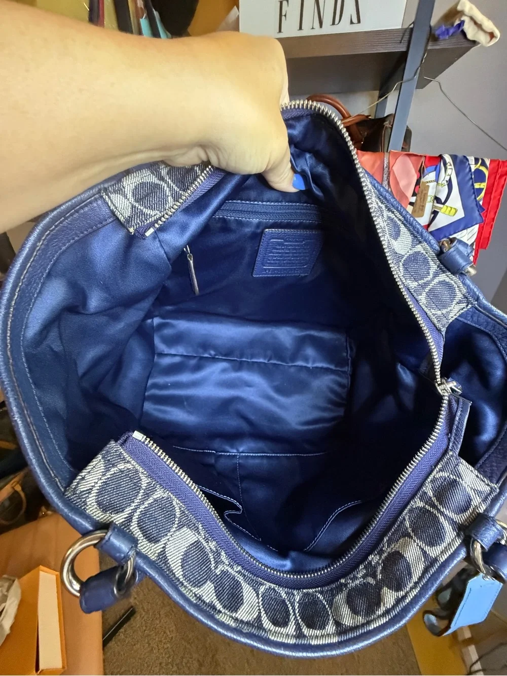 Coach Park Carrie Navy Denim Signature Canvas Tote with Blue Leather Trim